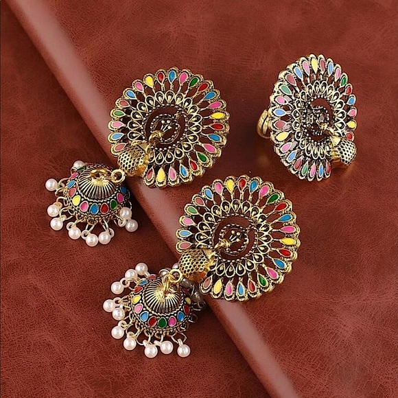 Two Pieces Earrings Nad Ring Set Faux Pearls Tassel Emery Rose Jumka Earrings - Picture 2 of 8